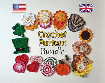 Crochet Coaster Pattern MEGA Bundle: Crochet Flower Coasters, Crochet Heart Coasters, Crochet Owl Coaster, Crochet Sun Coaster, PDF Patterns