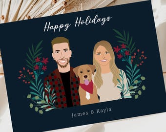 Tarjeta navideña con retrato de caricatura ilustrado personalizado