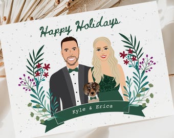 Tarjeta navideña con retrato ilustrado personalizado