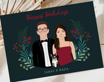 Tarjeta navideña con retrato ilustrado personalizado