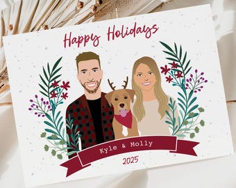 Tarjeta navideña con retrato ilustrado personalizado