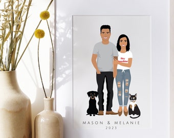 Retrato personalizado / Ilustración de pareja de dibujos animados / Regalo de aniversario de papel para él / ella