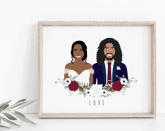 Retrato de boda de dibujos animados ilustrado personalizado / Decoración sentimental del hogar Arte de pared / Regalo personalizado único