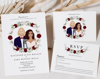 Set de invitación de boda / Corona de flores de color burdeos y rubor / Invitación de retrato personalizada
