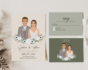 Retrato de pareja Moss Green Wedding invitation Set / Ilustración personalizada / Dibujo familiar