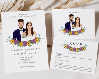 Set de invitación de boda / Flores silvestres en tonos joya con girasoles / Invitación de retrato personalizada