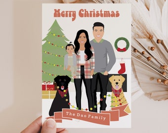 Tarjeta de vacaciones familiar con dibujo de dibujos animados / retrato familiar con fondo personalizado