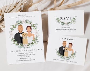 Invitación de boda ilustrada personalizada / Dibujo en invitación / Retrato de pareja personalizado / Greenery & Lillies