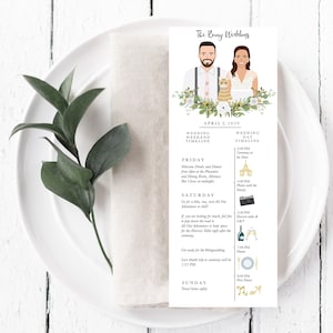 May include: A wedding itinerary card featuring illustrations of a couple and a cat, presented on a white plate with a linen napkin and foliage. The card outlines the wedding weekend events, including the ceremony and dinner.