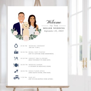 May include: A wedding welcome sign displayed on an easel. The sign features illustrations of a couple and a dog, with floral accents. Text includes "Welcome to the Miller Wedding, September 22, 2023" and a detailed event timeline.