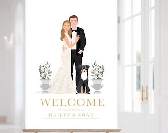 Letrero de bienvenida para boda con retrato personalizado de cuerpo entero