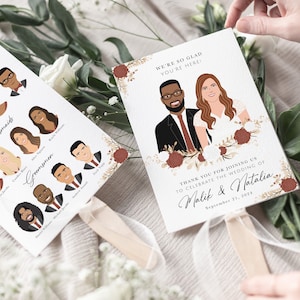Puede incluir: Abanico de boda con ilustraciones de la comitiva nupcial y la pareja. El abanico de la derecha tiene el texto "WE'RE SO GLAD YOU'RE HERE!" y "THANK YOU FOR JOINING US TO CELEBRATE THE WEDDING OF Malik & Natalia September 21, 2024."