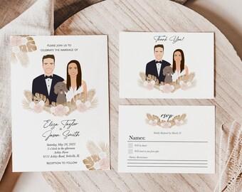 Boho Wedding Invitation Set / Pampas Grass and Blush Roses / Custom portrait invite