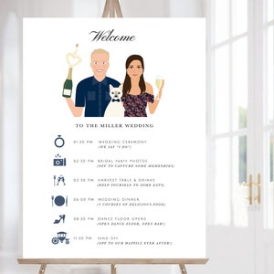 May include: A wedding sign featuring a couple illustration, a cat, and a champagne bottle. The sign displays the word "Welcome" and a wedding day schedule with times and descriptions of events.
