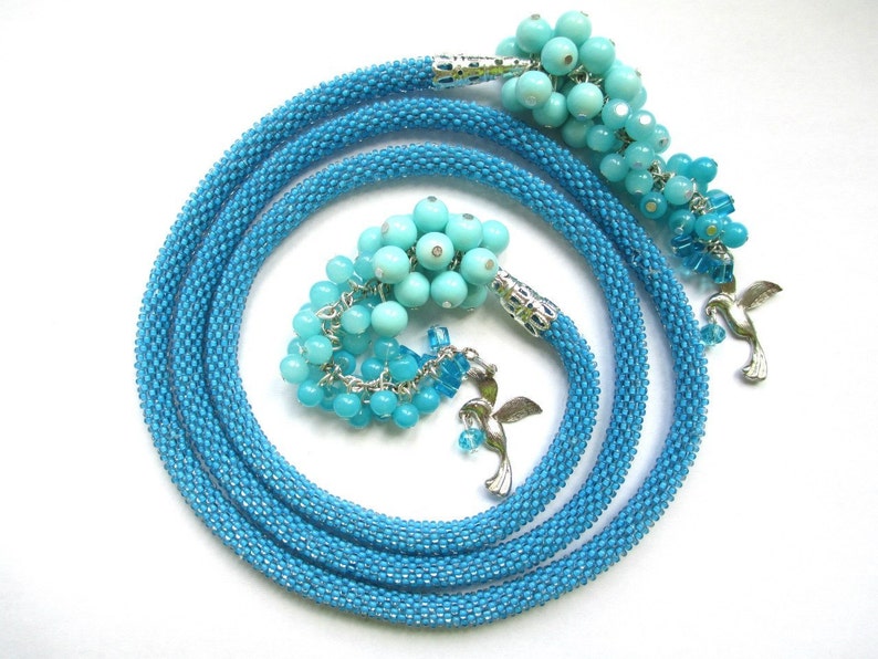 Light Blue Beaded Lariat Necklace Long Crochet Seed Bead - Etsy