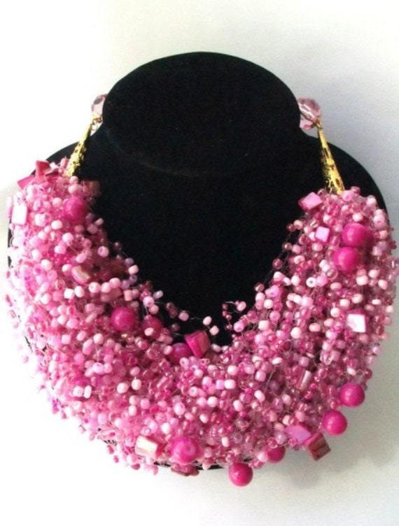 Pink airy beaded necklace pink seed bead necklace with mother Etsy