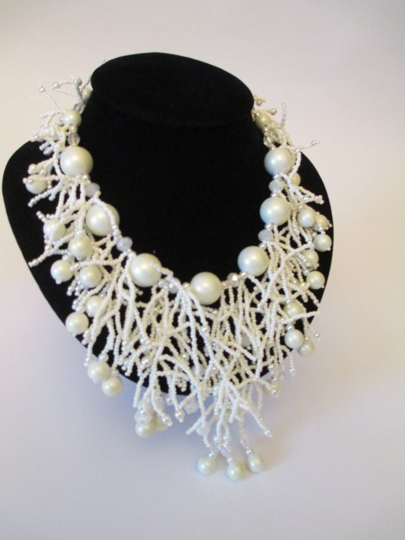 White seed bead necklace with pearl choker beaded necklace Etsy