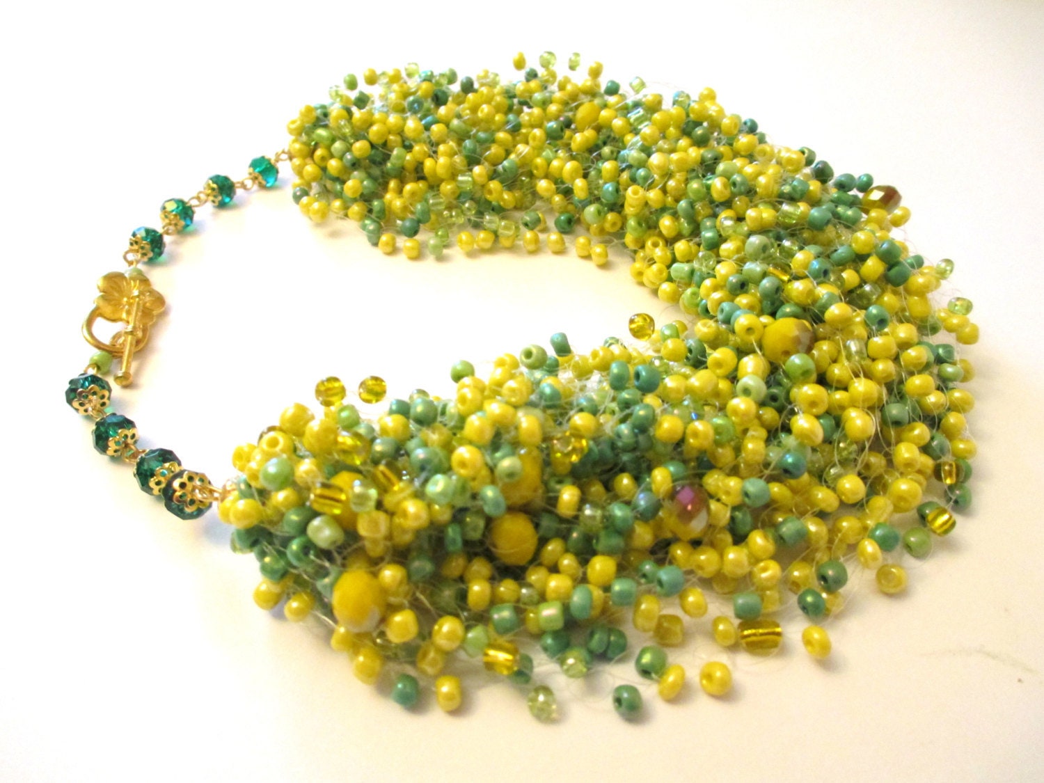 Green and yellow airy beaded necklace green yellow seed bead Etsy