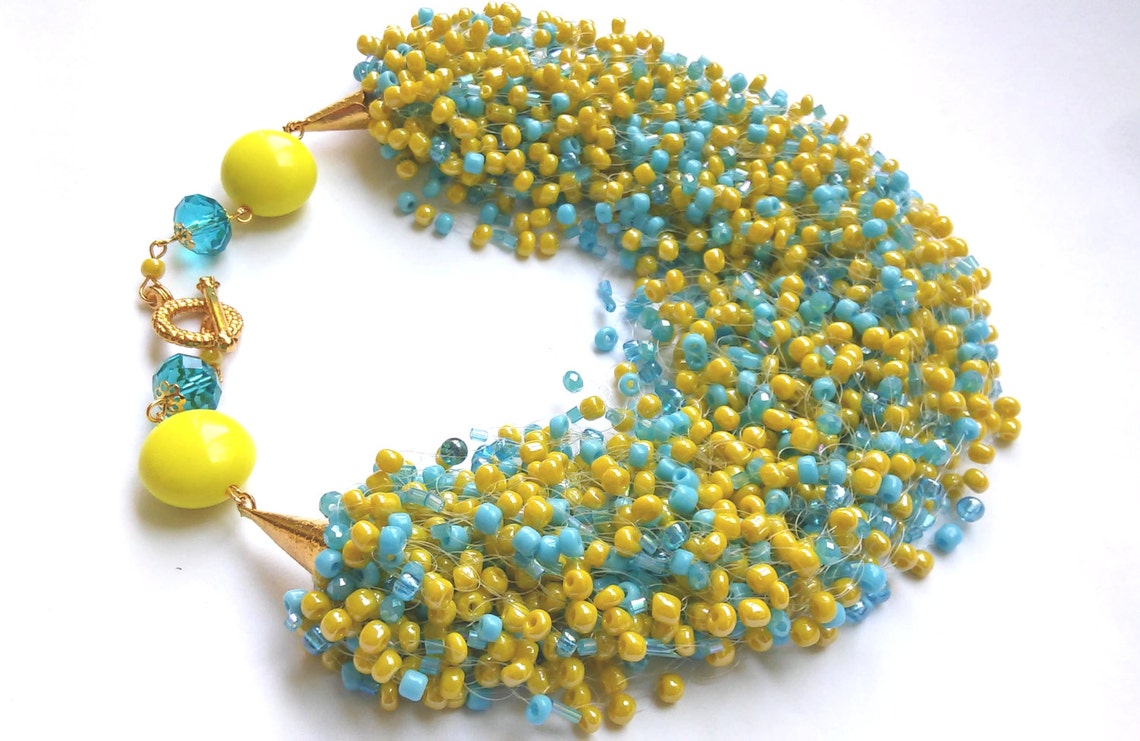Blue and yellow seed bead necklace blue yellow jewelry airy Etsy