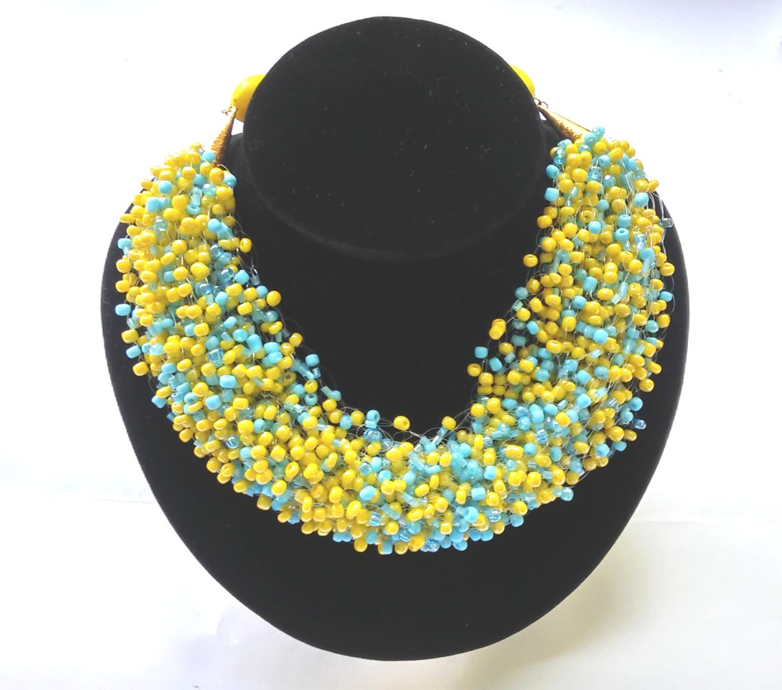 Blue and yellow seed bead necklace blue yellow jewelry airy Etsy