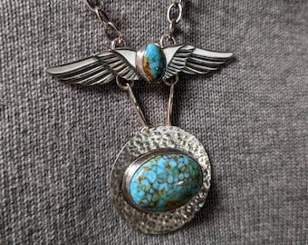 Handmade Kingman spiderweb turquoise and sterling silver necklace
