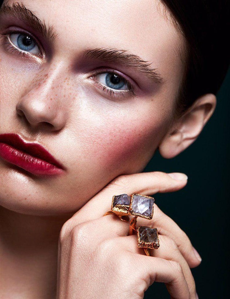 Raw fluorite ring,Raw stone engagement ring,Cubic fluorite,Double band ring stone,Raw stone jewelry for women,Statement ring,Triple stone