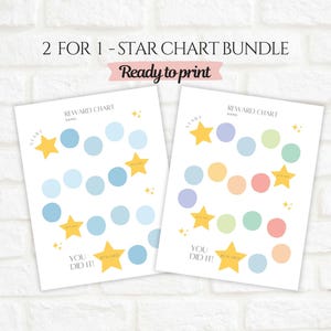 Paquete de tablas de recompensas para niños, tabla de estrellas 2x1, PDF imprimible, tabla de pegatinas para preescolar, tabla de tareas para niños pequeños, tema arcoíris y azul para la hora de dormir.