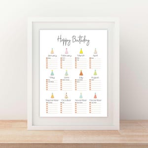 May include: A framed print with the words "Happy Birthday" in elegant script. The print features a birthday calendar with months listed and spaces to write names, decorated with colourful party hats.