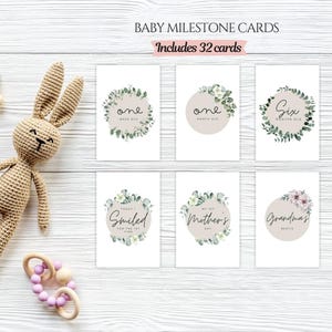 32 Baby Milestone Cards, Newborn Birth Annoucement, Printable Watercolor Infant Cards, Greenery Monthly Milestone Tracker, Baby Shower Gift