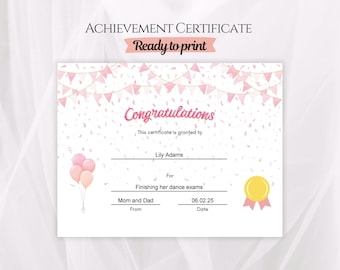 Pink Award Certificate, Editable PDF,  Congratulations Award, School prize, Class Graduation, Kids Achievement, Parent Teacher Template