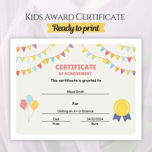 Certificato di premio per bambini, PDF modificabile, certificato di conseguimento, premio scolastico, diploma di scuola materna, certificato di congratulazioni per bambini piccoli