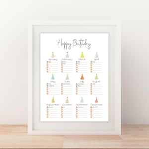 Op de afbeelding: Een ingelijste verjaardagskalender met de tekst Happy Birthday bovenaan. Het overzicht is ingedeeld per maand van januari tot december, elk voorzien van een kleurrijk feesthoedje-icoon en een lijst met lege regels voor het noteren van namen.