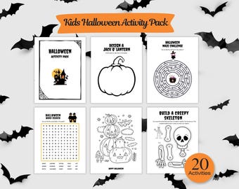 May include: A Kids Halloween Activity Pack with six activity pages. The pages include a Halloween activity pack cover, a pumpkin design, a maze, a word search, a pumpkin coloring page, and a build-a-skeleton activity. The pack includes 20 activities.