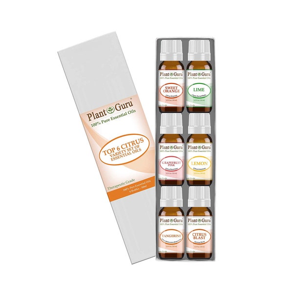 Citrus Essential Oil Set 6 - 10 ml. 100% Pure Therapeutic Grade Sweet Orange, Lime, Pink Grapefruit, Lemon, Tangerine and Citrus Blast Blend