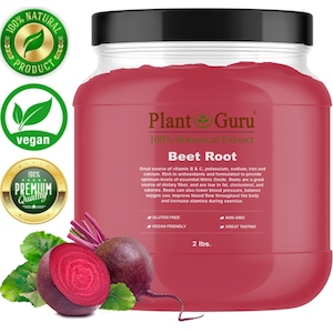 May include: A 2-pound jar of Plant Guru Beet Root 100% Botanical Extract. The jar is red and has a white label with the product name and description. The label also includes the words "Gluten Free", "Vegan Friendly", "Non-GMO", and "Great Tasting".