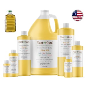May include: A set of six amber glass bottles of Pine All premium grade fragrance oil, made in the USA. The bottles are labeled with the Plant Guru logo and the text "Pine All". The bottles are available in various sizes, from a small 10 ml bottle to a large 1 gallon bottle.