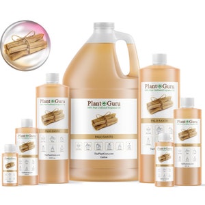 May include: A set of five bottles of Palo Santo essential oil in various sizes, ranging from a small 10 ml bottle to a large gallon bottle. The bottles are all amber-colored and have a label with the text "Plant Guru" and "Palo Santo" on them. The bottles are arranged in a row from smallest to largest.