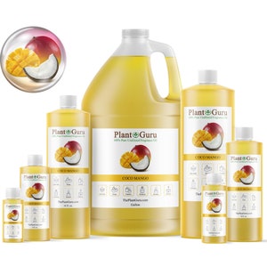 May include: Five bottles of Coco Mango fragrance oil in various sizes, from a small 10 ml bottle to a large gallon jug. The bottles are all clear glass with a yellow liquid inside. The labels are white with green text and a picture of a mango and coconut.