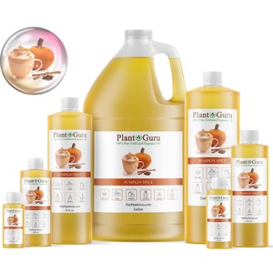 May include: Five bottles of Pumpkin Spice scented fragrance oil in various sizes, from a small 1/2 oz bottle to a large gallon bottle. The bottles are all clear glass with a yellow liquid inside. The labels are white with green text and a logo of a green leaf with the words "Plant Guru" on it. The labels also feature a picture of a pumpkin spice latte and the words "Pumpkin Spice".