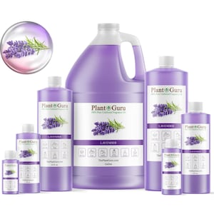 May include: Five bottles of lavender essential oil in various sizes, from a small 1/2 oz bottle to a large gallon jug. The bottles are all clear glass with a purple liquid inside and a white label with the words "Plant Guru" and "Lavender".