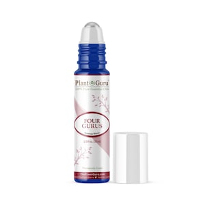 May include: A blue roller bottle with a silver roller ball. The bottle is labeled "Plant Guru 100% Pure Essential Oils Four Gurus Synergy Blend 1/3 fl oz. (10 ml) Therapeutic Grade ThePlantGuru.com"