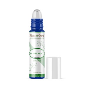 May include: A blue glass roller bottle with a silver roller ball. The bottle is labeled "Plant Guru 100% Pure Essential Oils Peppermint Mentha Piperita 1/3 fl oz. (10 ml) Therapeutic Grade ThePlantGuru.com".
