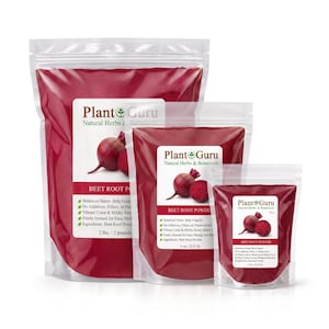 May include: Three clear resealable pouches containing deep red beet root powder, labeled Plant Guru Natural Herbs & Botanicals. The bags are sized at 2 lbs., 4 oz., and 2 oz., featuring a graphic of a whole and sliced beet on each white label.