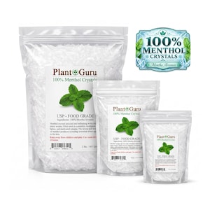 May include: Three clear, resealable plastic pouches filled with white, translucent menthol crystals. Each pouch features a white label with the Plant Guru logo, a green mint leaf graphic, and text stating 100% Menthol Crystals, USP Food Grade.
