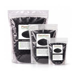 May include: Three clear resealable pouches filled with black cumin seeds, labeled Plant Guru. The bags are sized at 2 lbs, 4 oz, and 2 oz. Each label lists botanical name Nigella Sativa, traditional herbal wellness, and whole Nigella Sativa seeds.