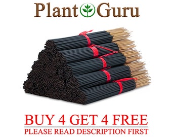 May include: A collection of black incense sticks with tan tips, secured with red ribbons. The image features the text "Plant Guru" and "BUY 4 GET 4 FREE PLEASE READ DESCRIPTION FIRST".