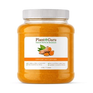 May include: A clear plastic jar filled with bright orange turmeric root powder, topped with a white screw-on lid. The label features the Plant Guru logo, an illustration of turmeric roots, and the text 2.5 lbs. / 2.5 pounds.
