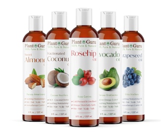May include: Five amber-colored bottles of Plant Guru oils, each with a white cap and a label featuring the oil's name and botanical illustration. The oils include Almond, Coconut, Rosehip, Avocado, and Rapeseed, each containing 8 fl. oz.