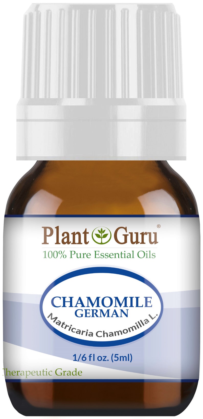May include: A brown glass bottle of Plant Guru Chamomile German essential oil. The label includes the text "100% Pure Essential Oils" and "1/6 fl oz. (5ml)." The bottle has a white cap.
