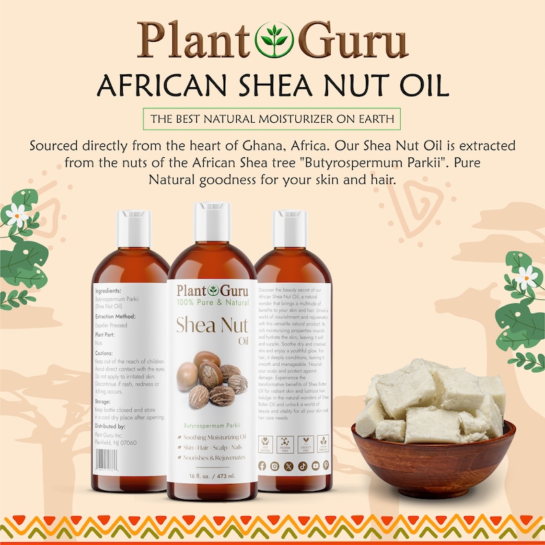 Puede incluir: Un anuncio de Plant Guru African Shea Nut Oil. La imagen presenta tres botellas de aceite, un cuenco de madera con manteca de karit&eacute; y texto que describe los beneficios del producto para la piel y el cabello.